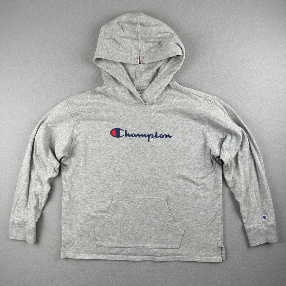 Champion Hoodie Men Large Gray Script Logo Cotton Long Sleeve Pullover Y733